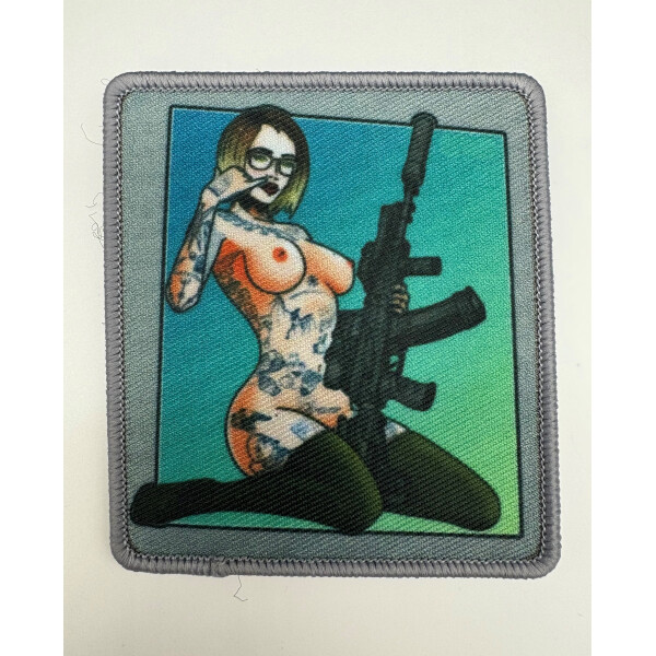 Tactical Sexy Girl with Gun Patch Blue